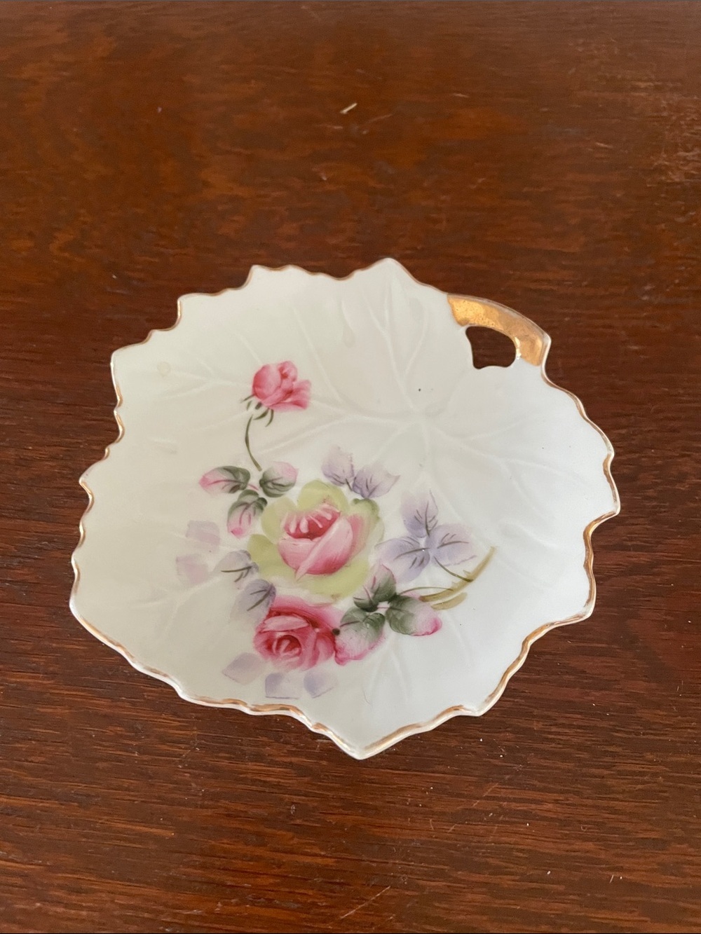 Vintage Floral Leaf-Shaped Porcelain Trinket Dish in Pink and Gold